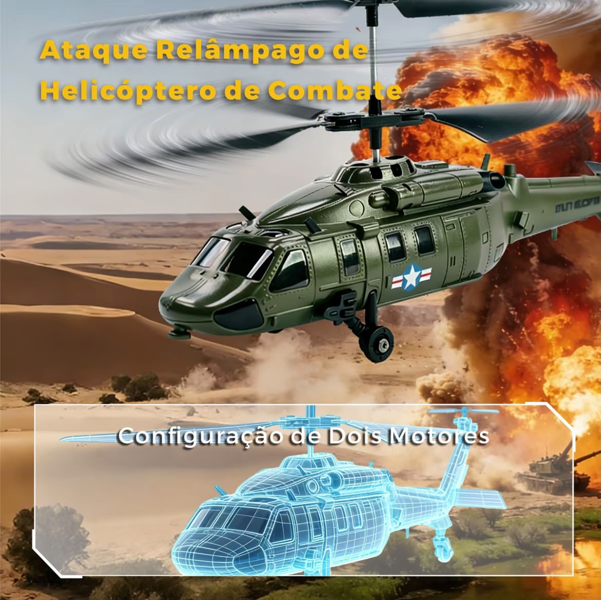 Helicóptero Militar de Controle Remoto Alta Performance + 2 Baterias Recarregáveis