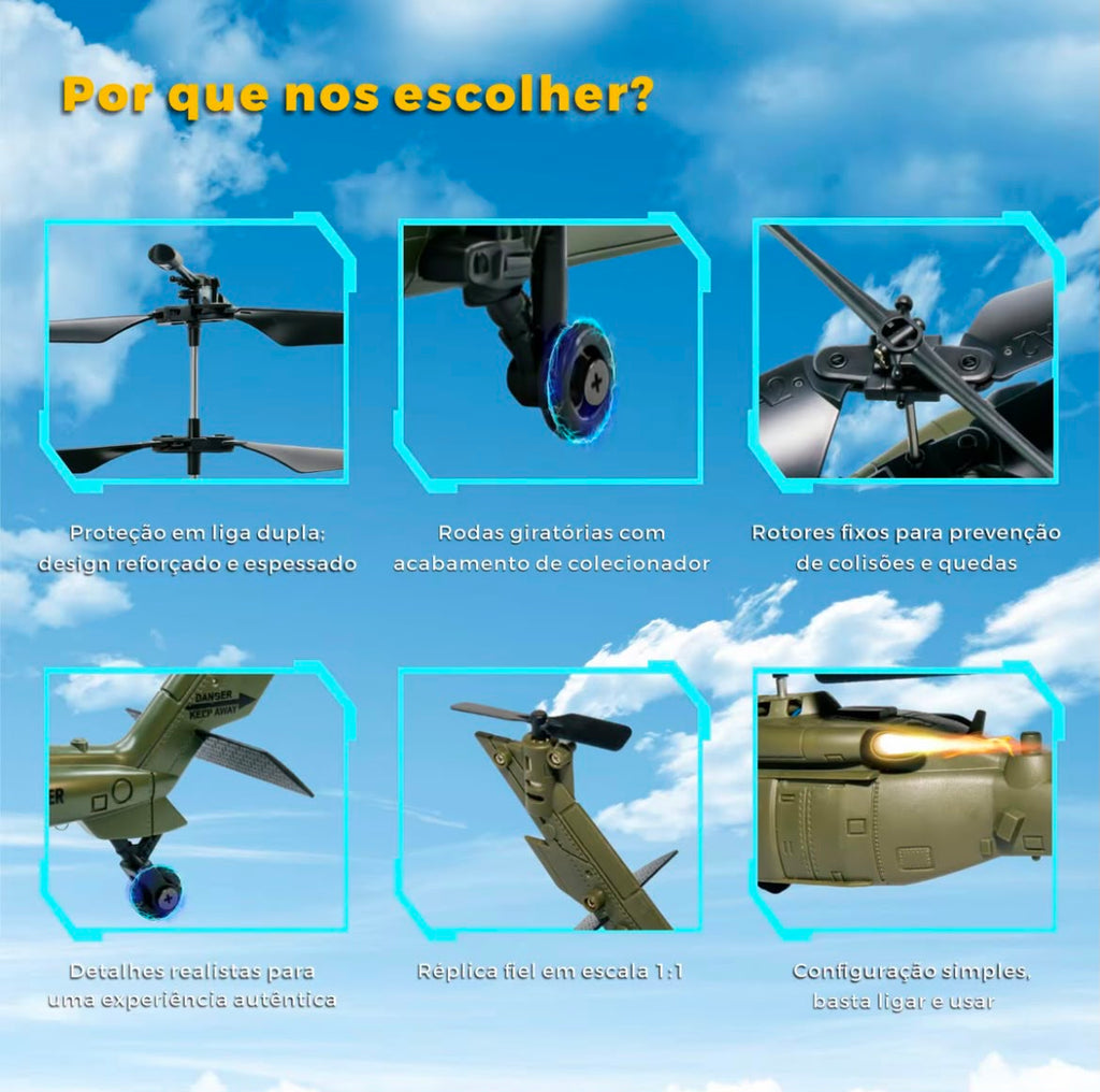 Helicóptero Militar de Controle Remoto Alta Performance + 2 Baterias Recarregáveis
